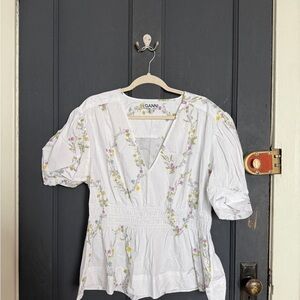 GANNI White Floral Print Shirred Women's Poplin Blouse